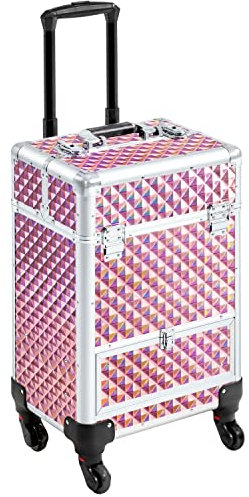 costoffs Makeup Case Professional Beauty Trolley Case Extra Large Cosmetic Storage Organiser with Slide-Out Drawer and 360 Degree Wheels, Glitter Pink