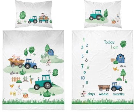 DP Baby Bettwäsche Set 2tlg. 100% Baumwolle Größe: 100x135 cm, 40x60 cm, Traktor Blau/Grün