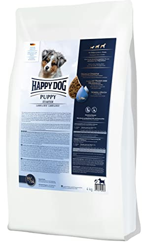 Happy Dog Young Puppy Starter Lamm & Reis Welpenfutter, 4 kg | Granulat zur Anfütterung ab dem 21. Tag, weizenfrei, mit Lamm & Reis, in 3 Minuten als Brei verfütterbar