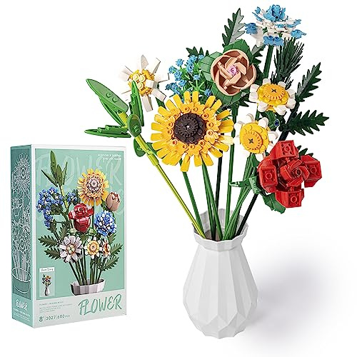 Yuandream Bloques de Construcción de Ramo de Flores de Jarrón, 600 PCS Decoración del Hogar Plantas Artificiales, Flores Artificiales Regalos para Mujer y Hombre de Navidad (Amarillo)