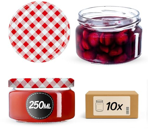KADAX Lot de 10 pots à confiture en verre 250ml – Pour confitures, miel, conserves & cornichons – Passent lave-vaisselle, sans couvercle