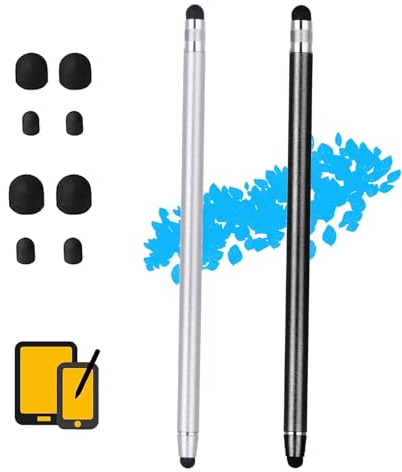 2 penne touch screen, 2 in 1, in gomma, pennino capacitivo universale, con 8 punte di ricambio per tablet per tutti i telefoni cellulari/tablet/smartphone (nero+argento)