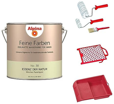 Alpina Feine Farben No. 38 Essenz der Natur | Edelmatte Wandfarbe in Pastellgrün 2,5 L | Komplett-Set mit Pinsel, Farbwalzen, Abstreichgitter, Farbwanne | Premium Innenfarbe