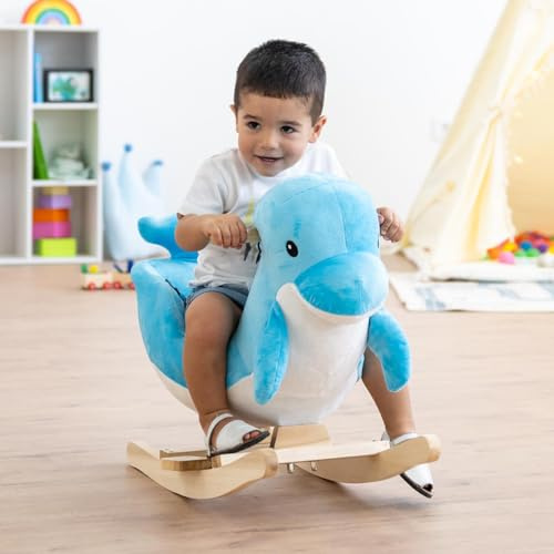 Cheval à Bascule (Dauphin) en Forme de Dauphin pour Enfant en Peluche Douce et Non-Toxique pour Les bébés, avec poignées, Base en Bois, mélodie, idéal pour décoration de Chambre d'enfant