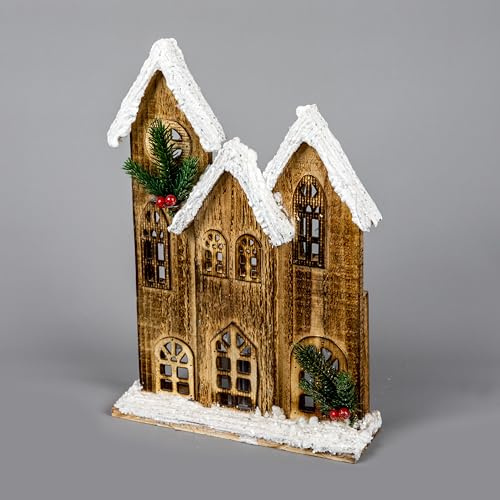 SHATCHI 35cm Battery Powered Warm White LEDs Wooden House Brown Snow Covered Cottage Village Indoor Christmas Decorations