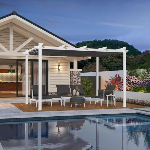 PURPLE LEAF Pergola Aluminium 4 x 3 m Métal Blanc pour Terrasse Autoportante, Toile Coulissante Rétractable, Pergola Jardin Extérieur Imperméable, Barbecue Extérieur, Pavillon de Jardin, Gris