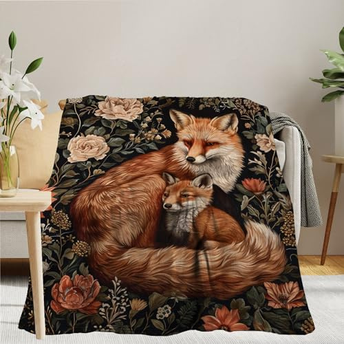 Fchen art Coperta calda con volpe e volpe floreale in pile flanella leggera coperta floreale boho fiori arazzo accogliente coperta calda coperta coperta accogliente, coperte da letto accoglienti per