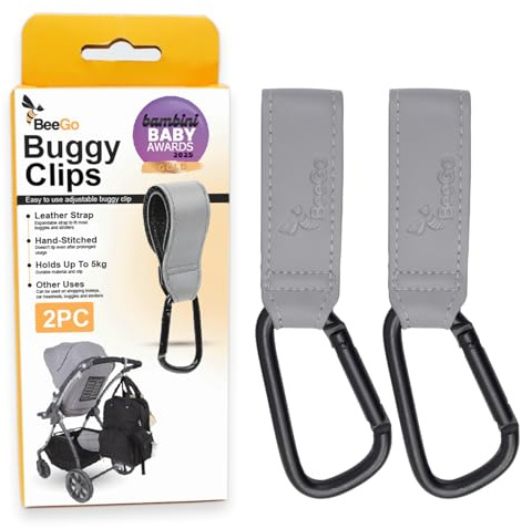 BeeGo® Buggy Clips – 2025 Award-Winning Stroller & Pram Hooks for Bags, Strong Pushchair Clips for Shopping Bags & Nappy Bags (2 Pack, Grey)