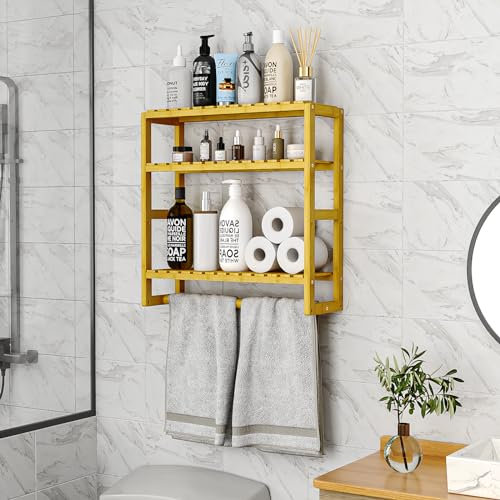 Galood Over The Toilet Storage Space Saver Bathroom Shelves with Towel Racks for Wall, 3 Tier Bamboo Toilet Paper Storage Corner Floating Shelf Wall Mounted Bamboo