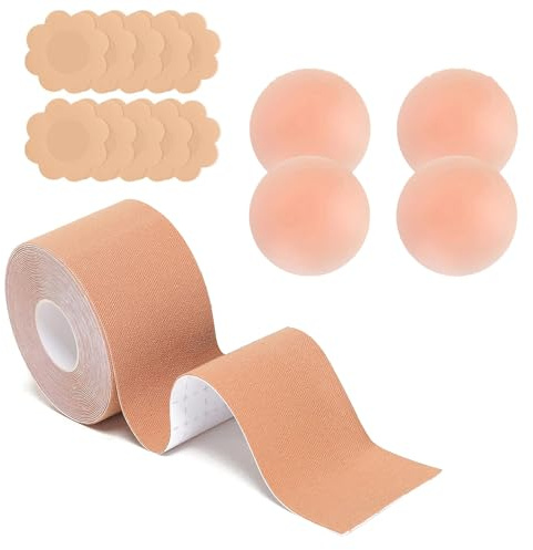 Elepl Cinta Adhesiva Pecho 5 Metros + 5 Pares Satén Cintas para Senos + 2 Pares Reutilizable Silicona Cubre Pezones Sujetador Invisible Cinta Sujetador Levantamiento para Copa A-E Cinta Invisible