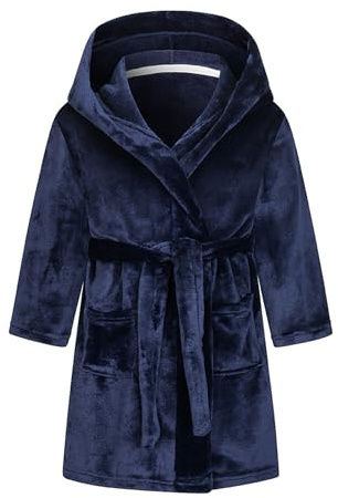 NautySaurs Girls Dressing Gown Kids Solid Color Bathrobes Children's Hooded Flannel Fleece Robe for Boys, Navy Blue, 6-7 Years