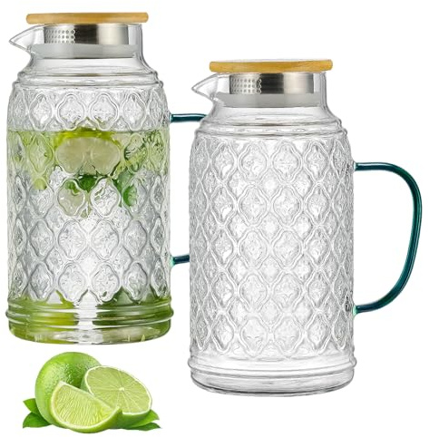 Buaic Glaskrug mit Bambusdeckel, 2 l, Vintage-Wasserkrug, klares Borosilikatglas, Wasserkaraffe für kaltgebrühte Getränke, Kaffee, Limonade, Eistee, Getränke, hitzebeständiger Wasserglas-Krug