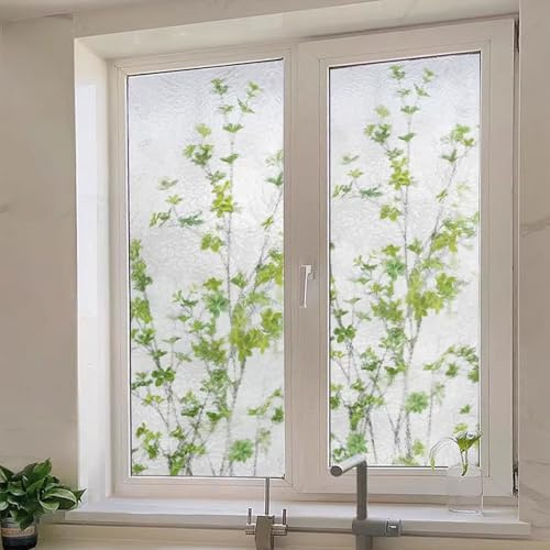 Eiauiuo Selbstklebende Fensterfolie Statisch Haftend Blickdicht Milch Glasfolie mit Pflanze Mustern Fenster Dekor Folie Anti-UV Sonnenschutz Folie Wasserdicht Scheibenfolie für Badezimmer Schlafzimmer