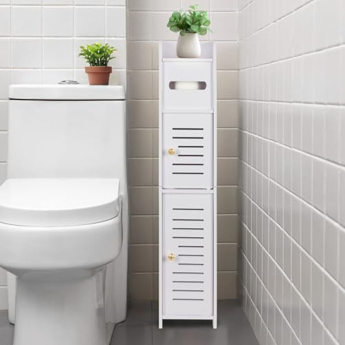 powerking Toilettenpapierhalter-Stand, über dem WC-Aufbewahrungsschrank für Badezimmer, Schlankes Eckregal für kleine Raumaufbewahrung, Kleiner Badezimmer-Aufbewahrungsschrank mit Türen für Weiß