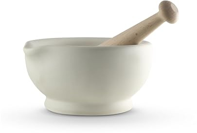 Vitrified Porcelain Pestle and Mortar Set for Grinding and Crushing Herbs, Seeds and Nuts, Size 6, 20cm Diameter, White, MB947007
