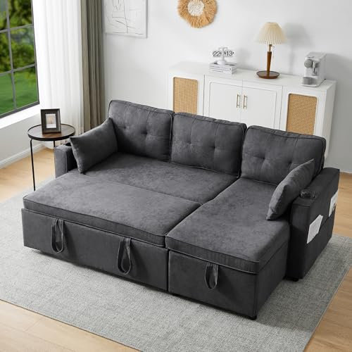 Ymkua Klappbares Schlafsofa mit Schlaffunktion, Sofa Eckcouch mit Rollbett, Bettsofa mit Stauraum und Taschenbecherhalter, Wohnzimmer L-förmiges Loungesofa mit Taschen, Cotton, 211x130x86 cm (Grau)