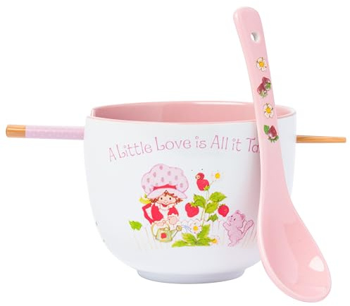 Silver Buffalo Strawberry Shortcake A Little Love is All It Takes Ceramic Ramen Noodle Rice Bowl with Chopsticks and Spoon, Microwave Safe, 20 Ounces