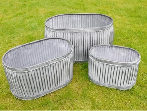 My Square Mile Galvanised Trough Planters Outdoor, Vintage Garden Dolly Tubs, Metal ZInc Coated Flower Pots (Set Of 3)