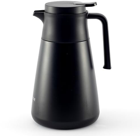Hanseküche Thermoskanne (1,5L) aus hochwertigem 304 Edelstahl - Isolierkanne, Kaffekanne mit edler Holzoptik (Schwarz, Oval)