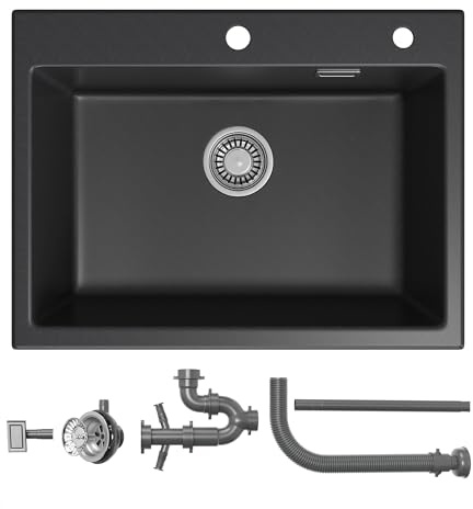 HOROW Spülbecken Schwarz 60 × 45 cm mit Siphon-Set | Großen Fassungsvermögens Spüle für die heimische Küche und Kochbegeisterte sowie, Kratzfest, Kondensationsfrei, Langlebiger