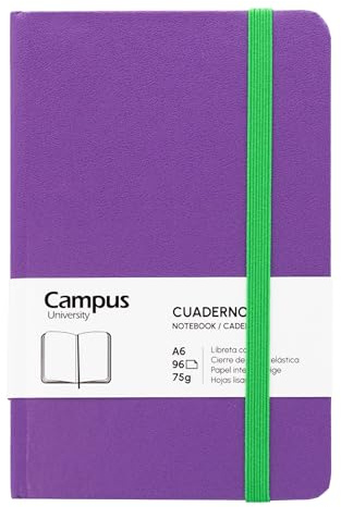 Campus – Taccuino A6, Bullet Journal con fogli lisci, taccuino cucito a copertina rigida con 96 fogli da 75 g, chiusura elastica, tasca e segnalibro. (A6, Lisa, Viola)