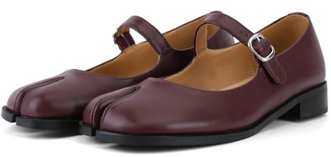 VOZTOLLS Tabi Mary Jane Damen-Schuhe, geteilte Zehenpartie, Knöchelschnalle, Riemen, flache Schuhe, bequem, lässig, elegant, Party, Schule, Arbeit, Kleid, Pumps, Burgunderrot matt, 39 EU
