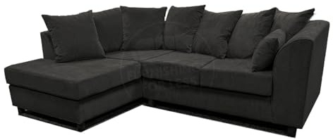 Furnishings For Less UK Keira Chenille Black Soft Fabric L Shaped 3 to 4 Seater Corner Sofa Modern With Chaise Scatter Back (Black, 4 Seater Corner Sofa - Left Hand Facing)