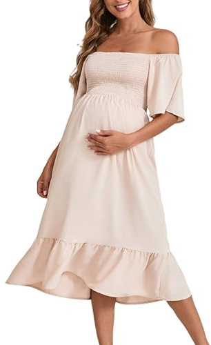 Vuncio Robe épaule Dénudée Maternité Manche Courte Robe mi Longue Grossesse à Volants Ete Grande Taille Ample Enceinte Chic Pas Cher Shooting Photo (Beige, M)