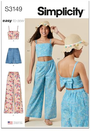 Simplicity SS3149A Girls' Sleeveless Top, Pull-on Shorts and Pull-on Pants Sewing Pattern Packet, Design Code S3149, Sizes 7-8-10-12-14