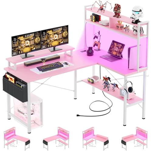 iSunirm L-förmiger Gaming-Schreibtisch mit Steckdosen und LED-Leuchten, Kleiner L-förmiger Schreibtisch, Computer-Eckschreibtisch mit Monitorständer und Ablage, mit Aufbewahrungstasche, Rosa