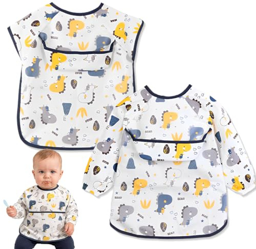 GGUFAY Bavaglino Svezzamento, 2 Pezzi Bavaglini con Maniche Impermeabile Bavaglino Bambini Impermeabile per Dipingere Giocare e Mangiare per Bambini Piccoli 6 Mesi 3 Anni,Allacciatura Sulla Schiena