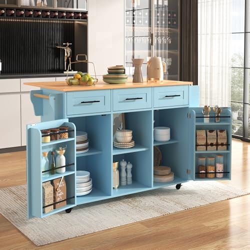 LAKFEW Isla Cocina con 5 Ruedas y Mesa Plegable, Aparador Cocina con 2 Puertas y 3 Cajones, Mueble Auxiliar de Cocina Isla de Cocina con Estantes Ajustables y Toallero, 139x46(71) x91.5 cm, Azul