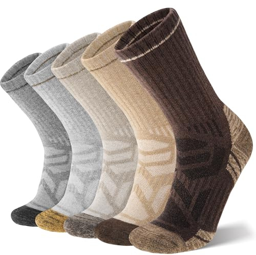 ANTSANG Merino Wool Hiking Socks, Enhanced Breathability, Targeted Cushion Thermal Socks for Men and Women, 5 Pairs(Gray/Brown, L)