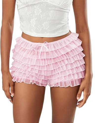 Edhomenn Kvinnors lager volang shorts elastisk midja rosett fram spets shorts enfärgade lediga shorts går ut korta byxor Y2k sommar strandbyxor, 17 Rosa, L