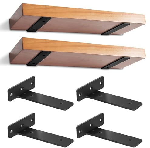 4 Pièces Supports D'Étagère Flottants, Equerre Charge Lourde Avec Vis Et Ancrages Assortis, Equerre Etagere Murale Métal pour Salon | Bureau | Cuisine (Noir, 20 cm)