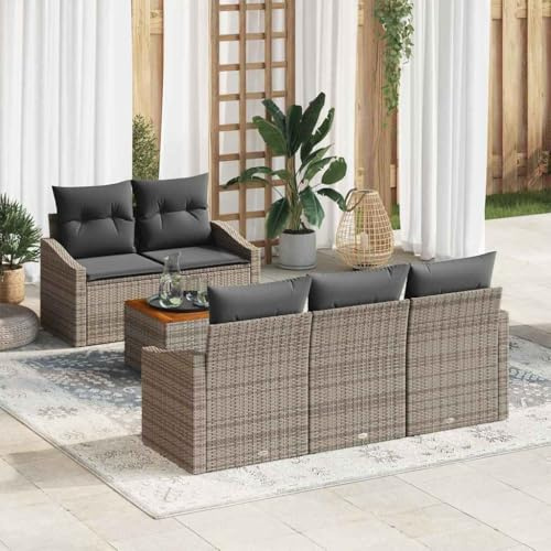 Bucmath Gartensofa-Set mit Stauraum, 6-teilig, Grau, Poly-Rattan, modulares Loungesofa für Terrasse, Balkon, wetterfest, UV-beständig, 5-Sitzer