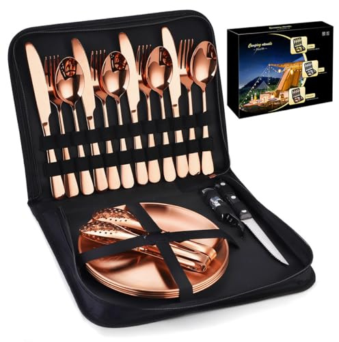 Yixinly Campingporslinsset för 4 personer, 20 stycken campingbestick-set campingbestick 4 personer rostfritt stål, bestick camping med sked gaffel kniv tallrik klämma för camping, resor (roséguld)