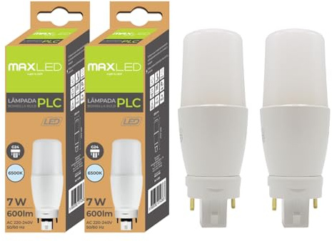 Maxled, Light is Led! Pack de 2 Bombillas LED G24 2-Pin PLC Tubo 7W Blanca Fría 6500K Equivalente a 52W 600LM Lámpara LED de Alta Eficiencia Apto Para Cocina Dormitorio Comedor No Regulable