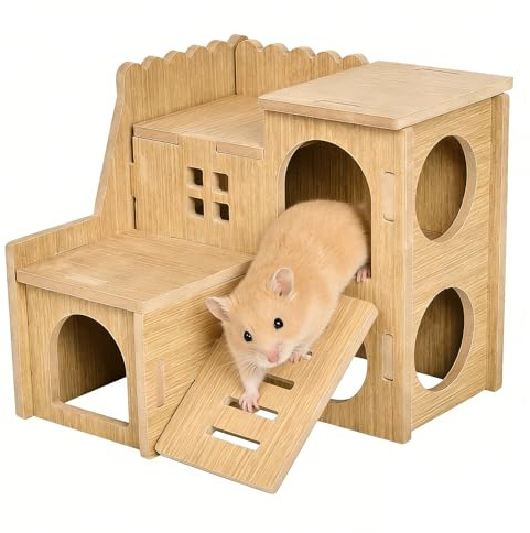 TENGWA 145 * 155 * 140 mm Cage en Bois Maison À Deux Niveaux avec échelle Jouet Hamster Cachette pour Animaux Convient aux Hamsters Nains Gerbilles Rats à Pointes Cochons d'Inde