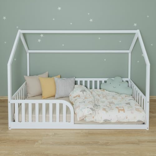Mandrele Milava Montessori Bett 140x200 cm, Hausbett mit Lattenrost, Bodenbett, Kinderbett aus Kiefernholz mit 40 cm Rausfallschutz, Einstieg Links oder rechts montierbar, Weiß