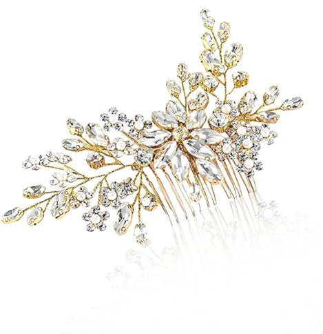 MKEAWUU 1 Stück Haarschmuck Hochzeit, Goldene Drei Blüten Mit Perlen, Kristall, Eleganter Braut Haarkamm, Standardgröße