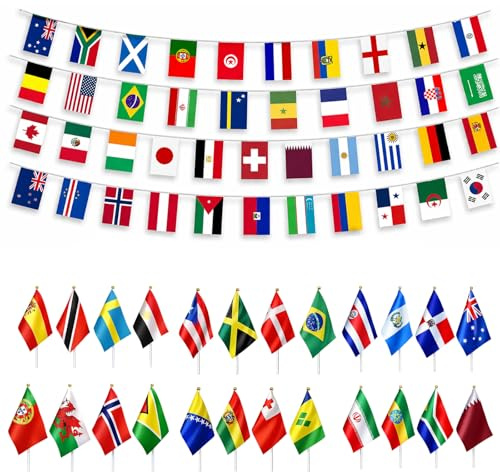 1 Stück 48 Länder Fahnen Wimpelkette und 24 Stück Zufällige kleine Flagge, WM 2026 Fanartikel für Fussball Deko, Mit WM Ball 2026 Fahnenkette für Fussballfans