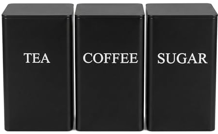 3Pcs Black Tea Coffee Sugar Canisters, 1000ML Airtight Square Jars Set | with Lid, Multi Square Storage Containers, for Kitchen Accessories & Essential