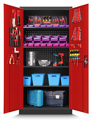 Jan Nowak by Domator24 Werkzeugschrank TC01A Werkstattschrank Garagenschrank Lochwand 4 Fachböden Flügeltüren Stahlblech 185 cm x 92 cm x 50 cm (anthrazit/rot)