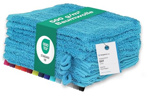 BaSaTex Frottee Waschhandschuhe, 10 Stück, 15x21 cm, Türkis | 100% Baumwolle, Made in Green Zertifiziert, Aufhängeschlaufe, Saugstark und Weich