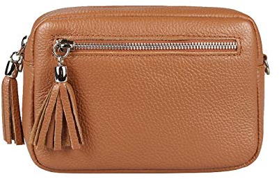 OBC Made in Italy Damen Leder Tasche Umhängetasche Schultertasche Beuteltasche Cross-Over Cross Bag Glattleder Schmucktasche Fransen Ledertasche (Cognac)