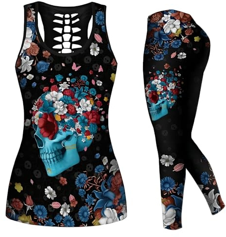 DRZHEAM - Conjuntos de yoga con calaveras de azúcar para mujer, camiseta de tirantes y leggings, para el Día de la Madre, ropa deportiva de entrenamiento para mujer., Negro, M