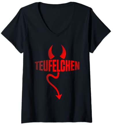 Damen Teufelchen Kostüm Halloween Karneval Konfetti Teufel T-Shirt mit V-Ausschnitt