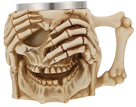 LABRIMP Chope à Bière d'Halloween de Crâne avec Poignée | Résine et Acier Inoxydable, 1 Pièce Beige, pour Boissons Chaudes ou Froides à Maison