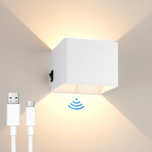 GeyouLux 3000mAh Akku Wandleuchte mit Bewegungsmelder Innen | USB Aufladbare Wandbeleuchtung 3000K Magnetische 5W Wandlampe mit Schalter für Schlafzimmer Wohnzimmer